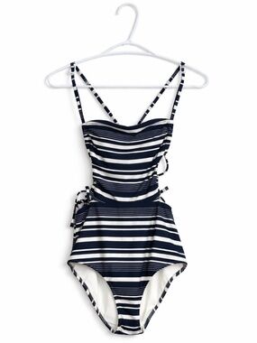 Aerie Navy Blue & White Striped One Piece Swimsuit w Lace Up Sides -Small *LONG*
